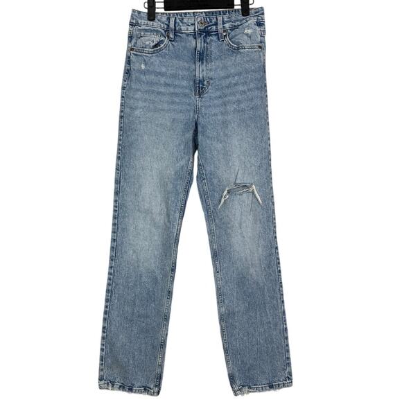 H&M Vintage Straight High Waist Coupe Droite Retro Jeans Raw Frayed Hem 6 Blue - Picture 1 of 16
